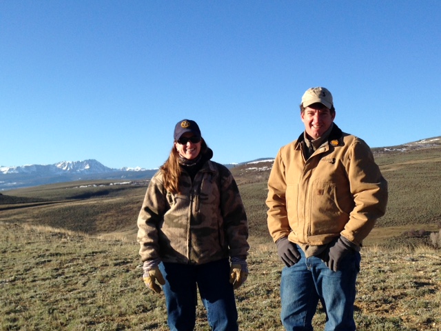 Rachel Sralla, Colorado Parks & Wildlife, guided Chris West (here), CCLAT, and Jayne Thompson to a lek viewing spot on a working ranch with conservation easements that protects sage grouse habitat (CCALT photo)