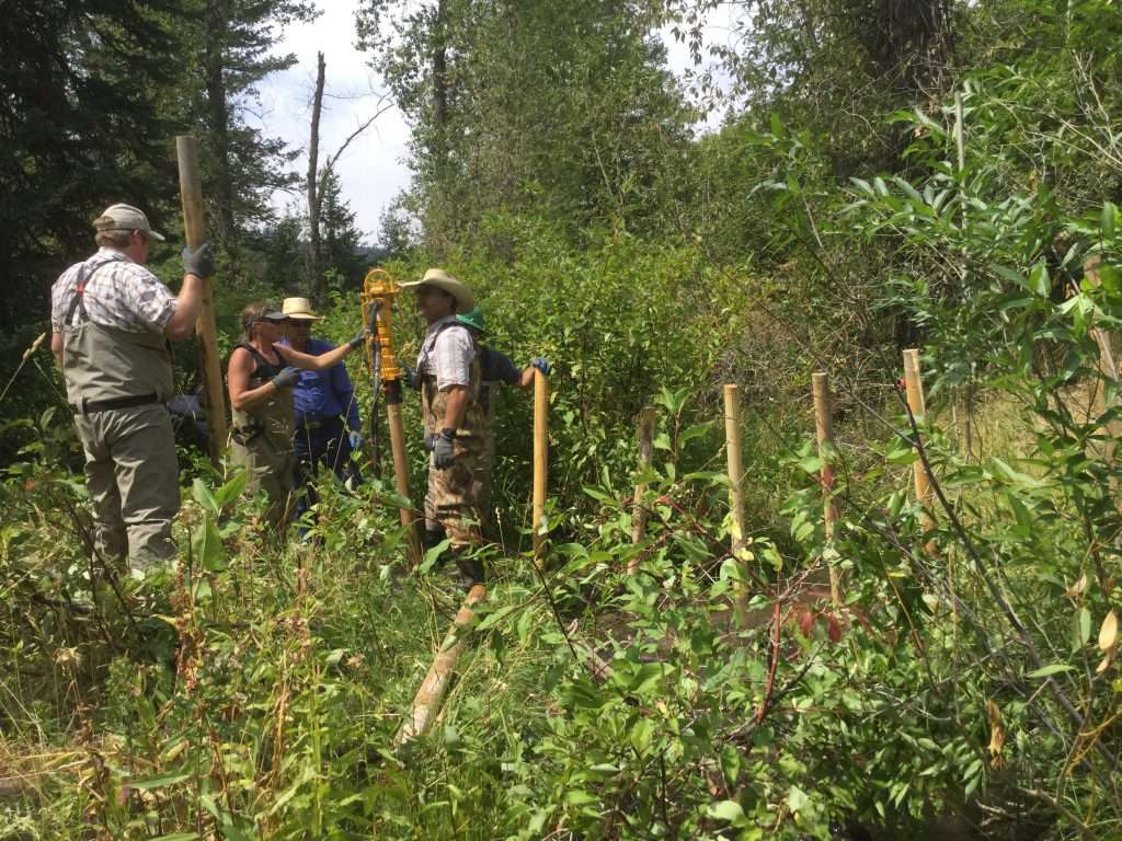 Beaver Dam Analogs are simple to make -- SGI workshop participants created one by pounding in posts and weaving in willow branches.