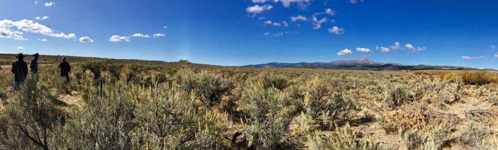 Thomas Cattle Company's ranch with sagebrush, a riparian area, and the Owyhee Mountains -- prime sage grouse habitat.