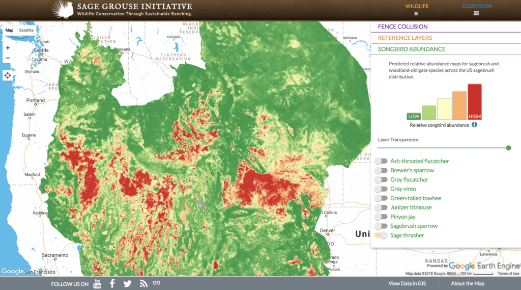 Find out more about the rangewide abundance of the sage thrasher and 8 other species at map.sagegrouseinitiative.com