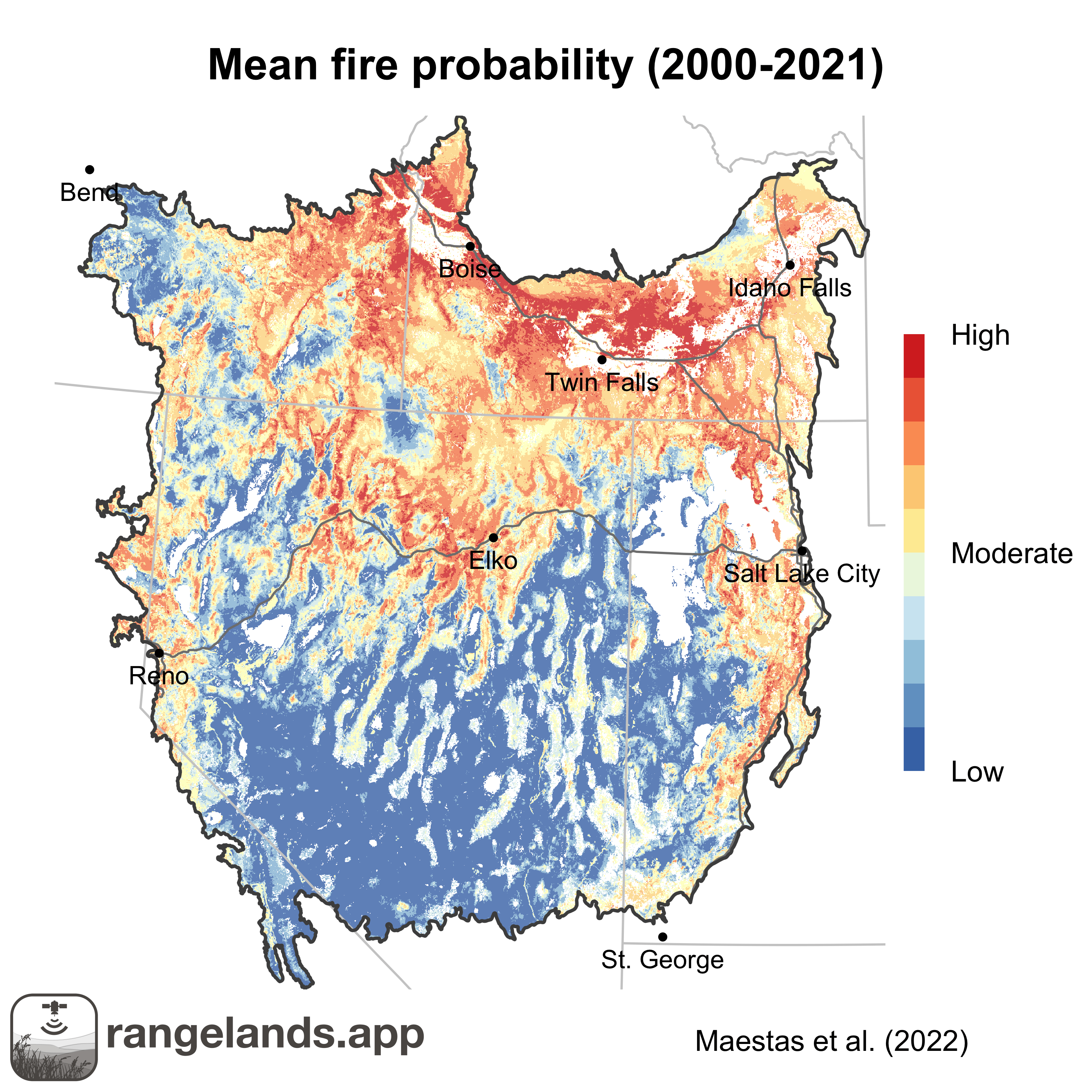 Map of fire probability in Grea Basin 2000-2021